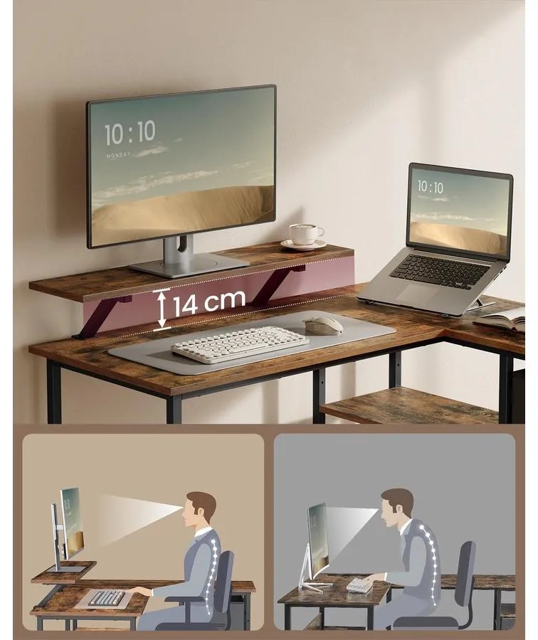 L alakú íróasztal 2 tágas fiókkal, sarokasztal állítható polccal, rusztikus barna