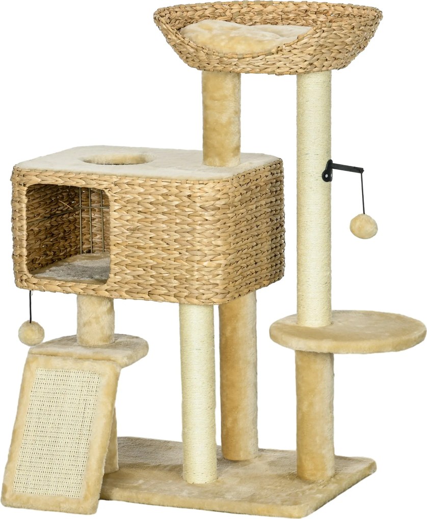 PawHut 98 cm magas macska kaparófa 2 pihenőhellyel, mászófa játékkal, kaparó oszlopokkal, macskabútor macskák részére 6 kg-ig, vízi hínárból, zsinórbó