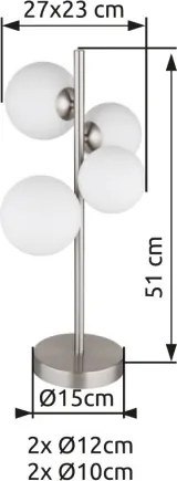 Globo 56140-4T Asztali lámpa fém nikkel matt, üveg fehér, kábel PVC fekete, billenőkapcsoló a kábelen, HxSzxM: 270x230x510mm, kábelhossz 1500mm, üveg átmérő: 2x10cm, 2x12cm, benne 4x G9 LED 3.5W 230V, 350lm forrás, 310lm kimenet, 3000K