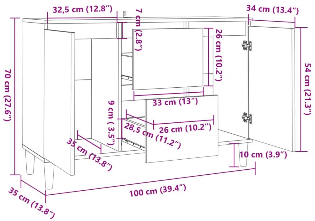 betonszürke szerelt fa tálalószekrény 101 x 35 x 70 cm
