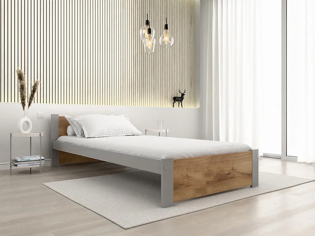 Ágy IKAROS 90 x 200 cm, tölgy artisan/szürke Ágyrács: Léces ágyrács, Matrac: Matrace Sommera 18 cm