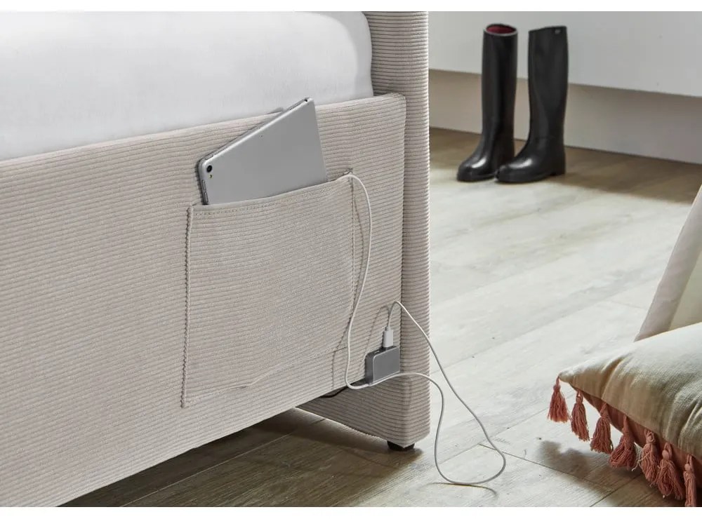 Bézs kárpitozott ágyneműtartós sarok gyerekágy ágyráccsal 90x200 cm Cool – Meise Möbel