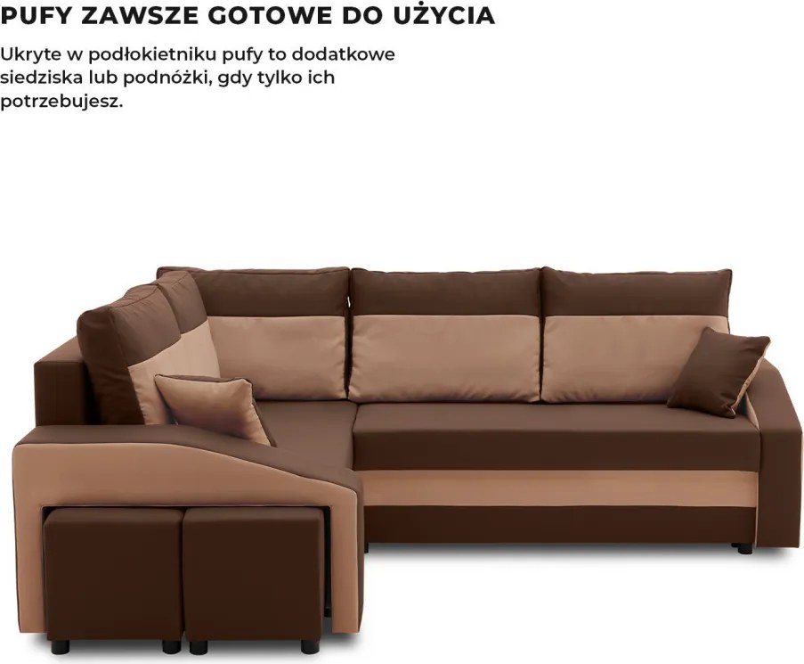 Grande sarokkanapé polcokkal és puffokkal , polc a jobb karfaban puffok a bal karfaban, baloldali, szövet anyag, hab töltet, barna