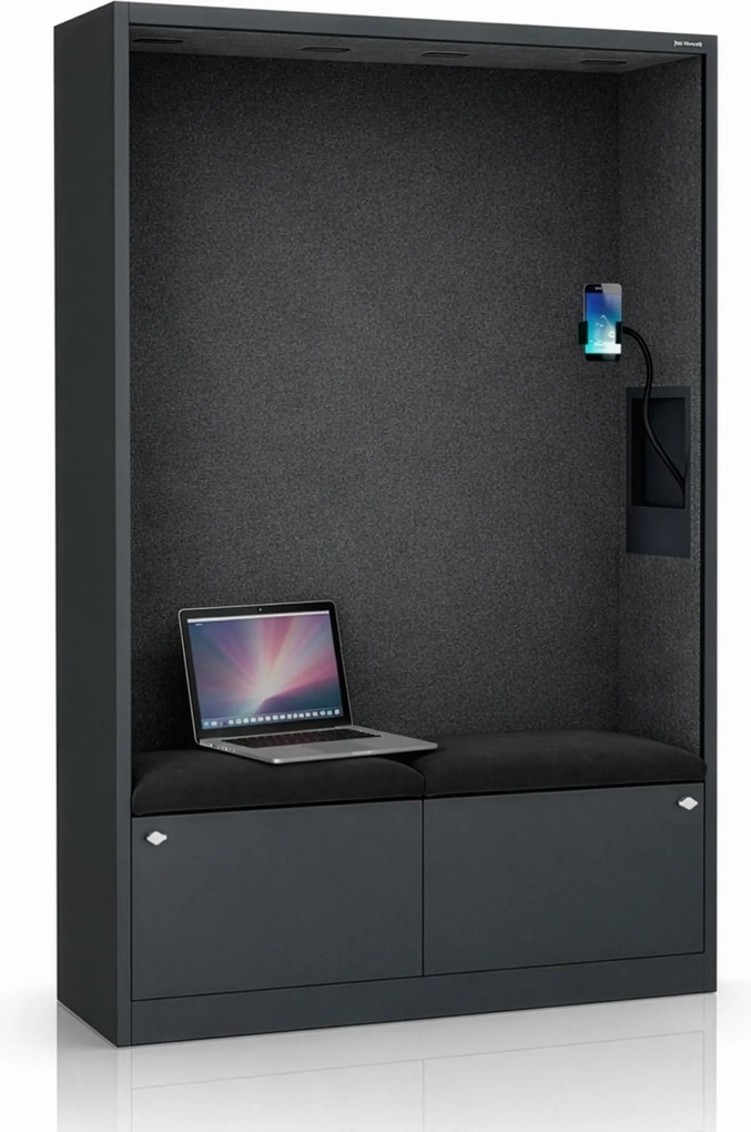 Irodai hangszigetelő fülke ülőkével és USB-C csatlakozóval, antracit színű váz / sötétszürke ülőke, 1150 mm: SALLY MentalBox