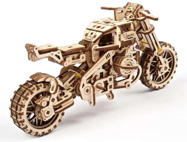 Ugears - 3D fa mechanikus puzzle Scrambler motorkerékpár kocsival