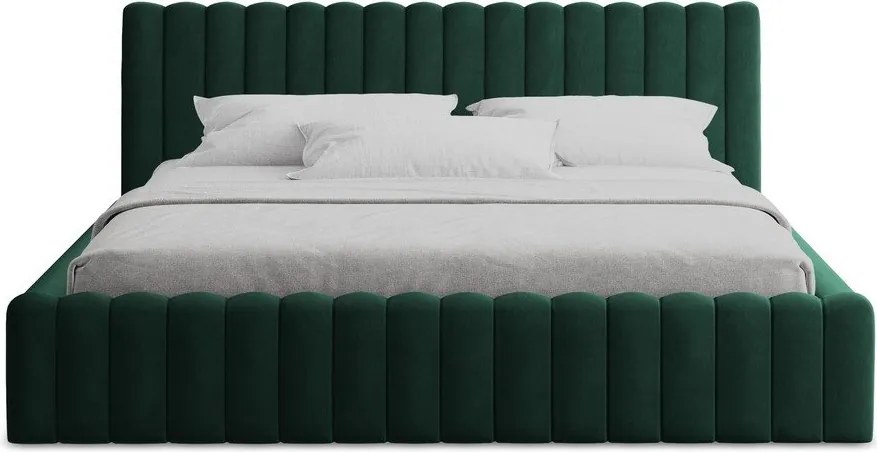 Sötétzöld kárpitozott ágyneműtartós franciaágy ágyráccsal 160x200 cm Lemi – Makamii