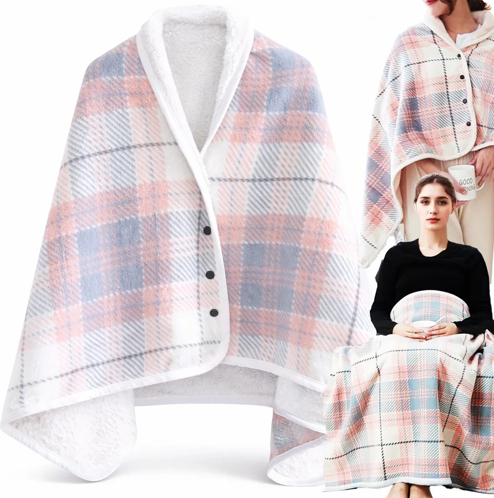 Kocobluza Poncsó Takaró Cipzáras Meleg Pulóver Rózsaszín-szürke Kockás Meleg Puha