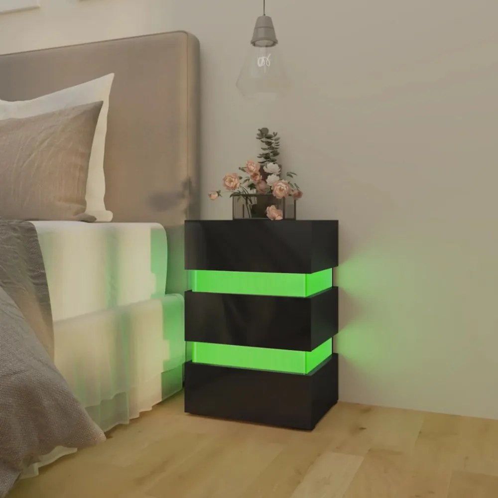 magasfényű fekete szerelt fa LED-es éjjeliszekrény 45x35x67 cm