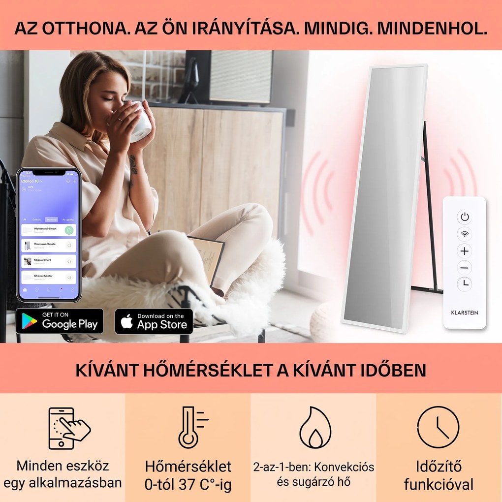 Klarstein La Palma 900 smart, infravörös hősugárzó, 40 x 160 cm, 900 W, tükörállvány