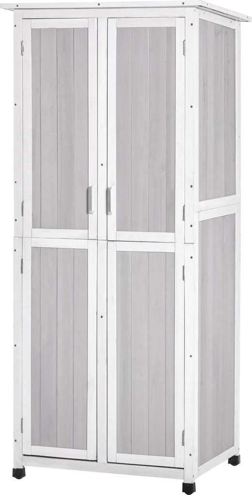 Outsunny 3-Szintes Fa Kertiszerszám Szekrény Bitumen Tetővel és Akasztókkal, 77x58x175 cm, Szürke | Aosom