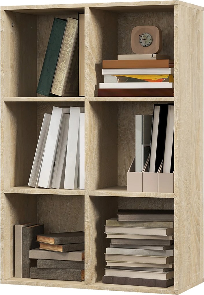 HOMCOM Tölgyfa Könyvespolc 3-Szintes 6 Tárolórekesszel - 65.5x30x97.5 cm | Aosom