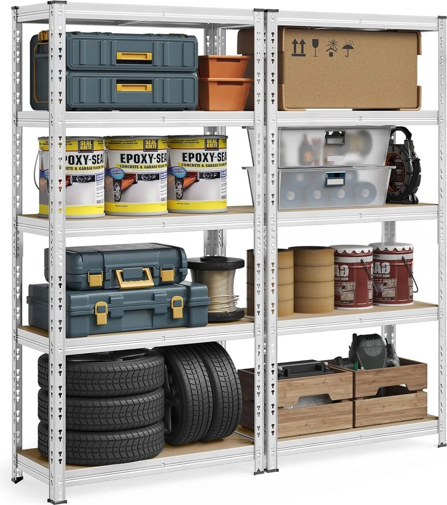 Nagy Teherbírású Tároló Polcok, 2 db-os, Garázs Polcrendszer, 40 x 90 x 180 cm, Ezüst