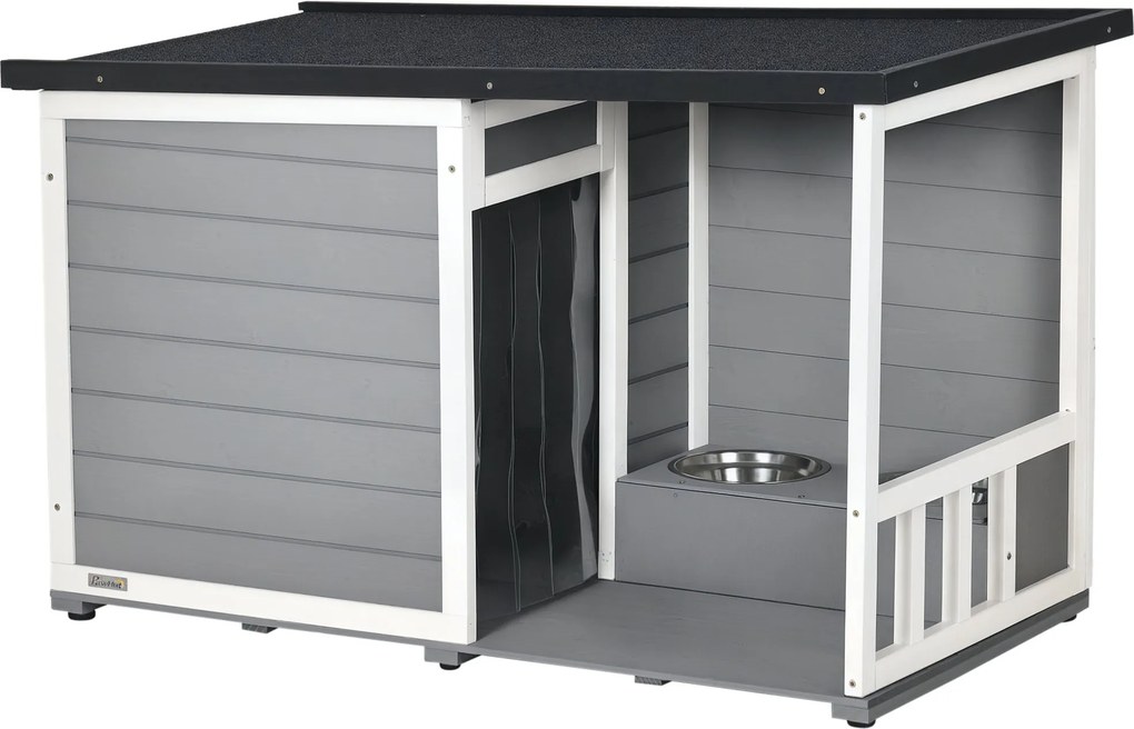 PawHut Kültéri Kutyaól, Fa Kutyaól 2 Tálcával, Terasszal, Vízálló Kutya Barlang, Tetővel Készült Kennel Kisebb Kutya Számára, Szürke, 103 x 62 x 60-66