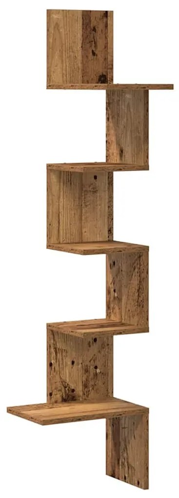 antik fa színű szerelt fa fali sarokpolc 32x32x127,5 cm
