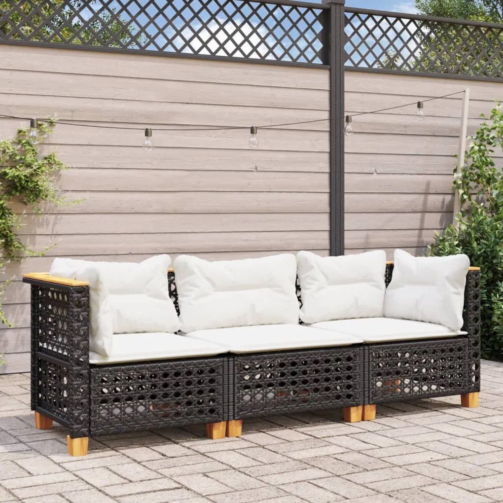 Fekete 3 személyes polyrattan kerti kanapé párnákkal