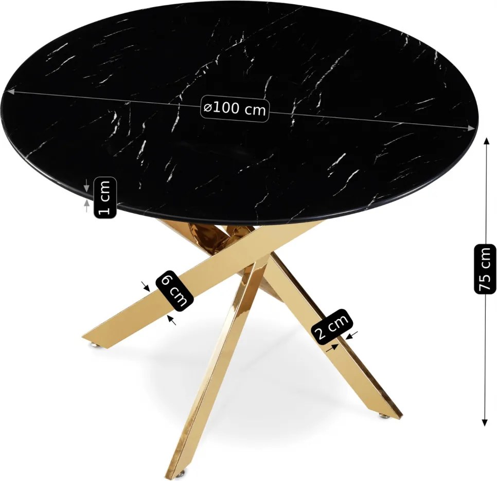 BALI üveg asztal 100 cm fekete márvány/arany