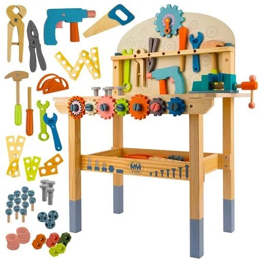 Gyerekműhely 3 az 1-ben fa szerszámokkal, játék barkácsasztal fa csavarokkal, alkatrészekkel, szerszámokkal és szerszámgépekkel, színes, 3 éves kortól