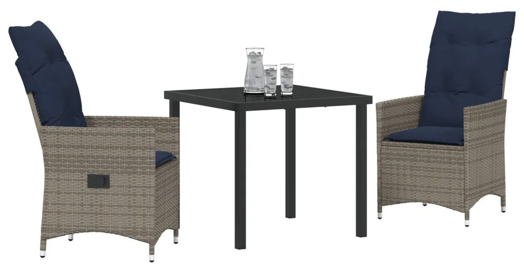 3 Részes Kerti Étkező Szett Párnákkal Szürke Poli Rattan, Kerti Asztal Fekete 80x80x73 cm Edzett Üveggel