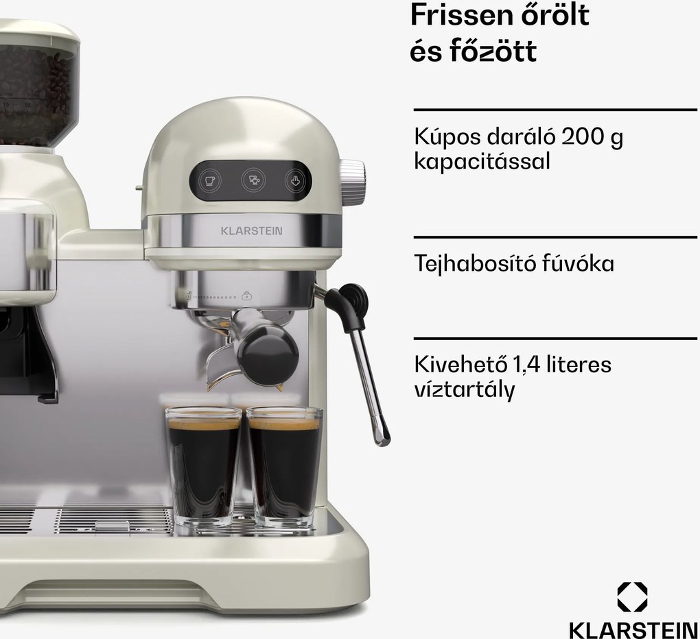 Klarstein Bella Café karos kávéfőző, Vintage, daráló, 20 bar, Tejhabosító, 2 csésze, 1550 W