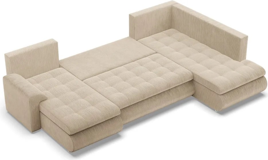 Tokio U sarokkanapé, 3 ágyneműtartóval, kordbársony, jobboldali, bézs