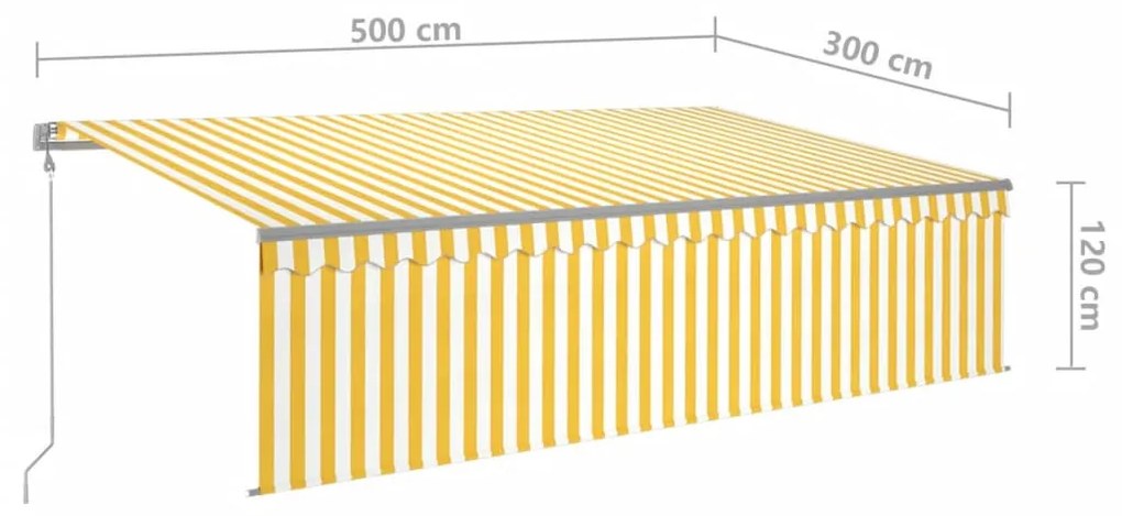 sárga-fehér redőnyös, LED-es, szélérzékelős napellenző 5x3 m