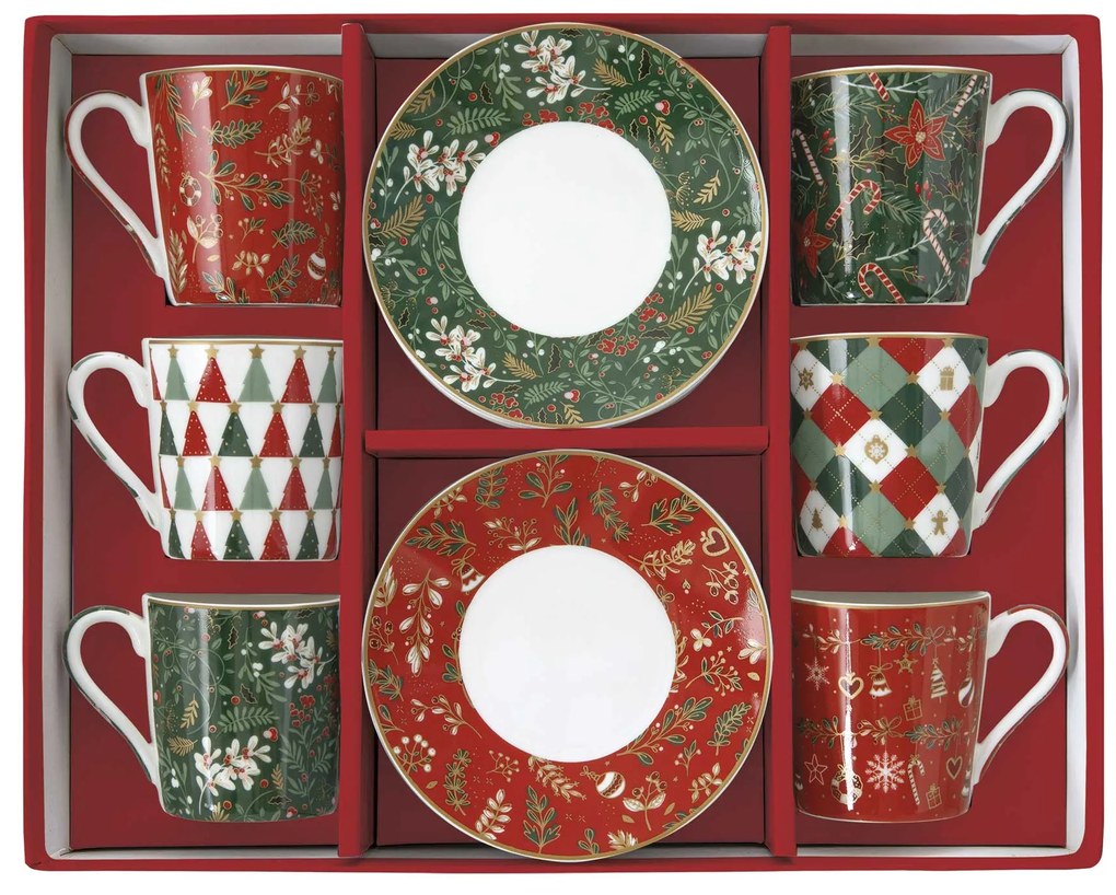 Karácsonyi porcelán kávés teás csésze aljjal 100 ml 6 személyes díszdobozban Fancy Christmas