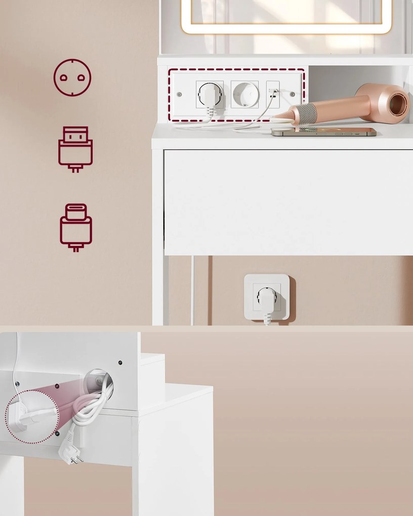 Fésülködőasztal LED-es tükörrel és elosztóval, fehér