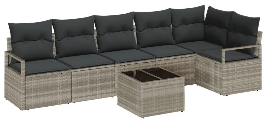 7 darabos Kerti Sofa Szett Párnákkal Szürke Polirattan, 2-fős Kerti Sofa Párnákkal Szürke Polirattan