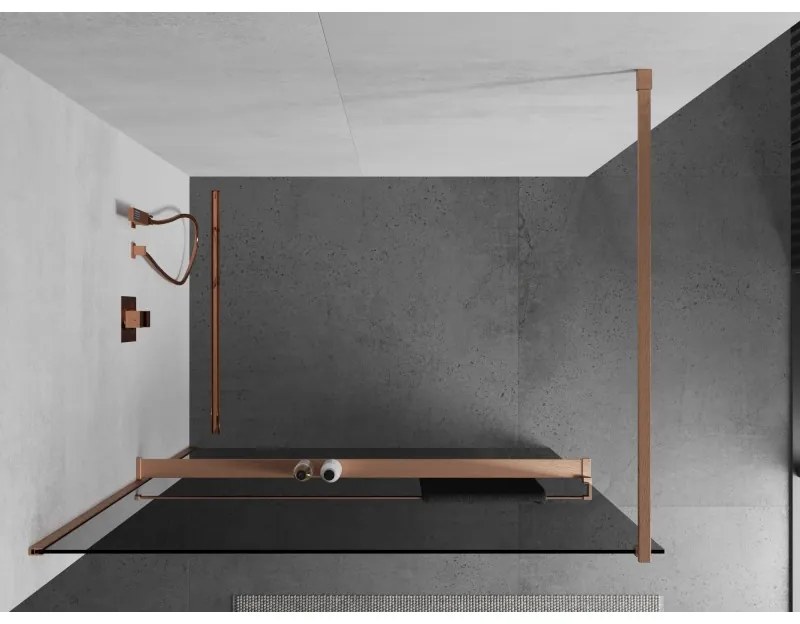 Mexen Kioto+, Walk-In zuhanyparaván polccal és akasztóval 130 x 200 cm, 8mm szürke üveg, réz matt profil, 800-130-121-65-40