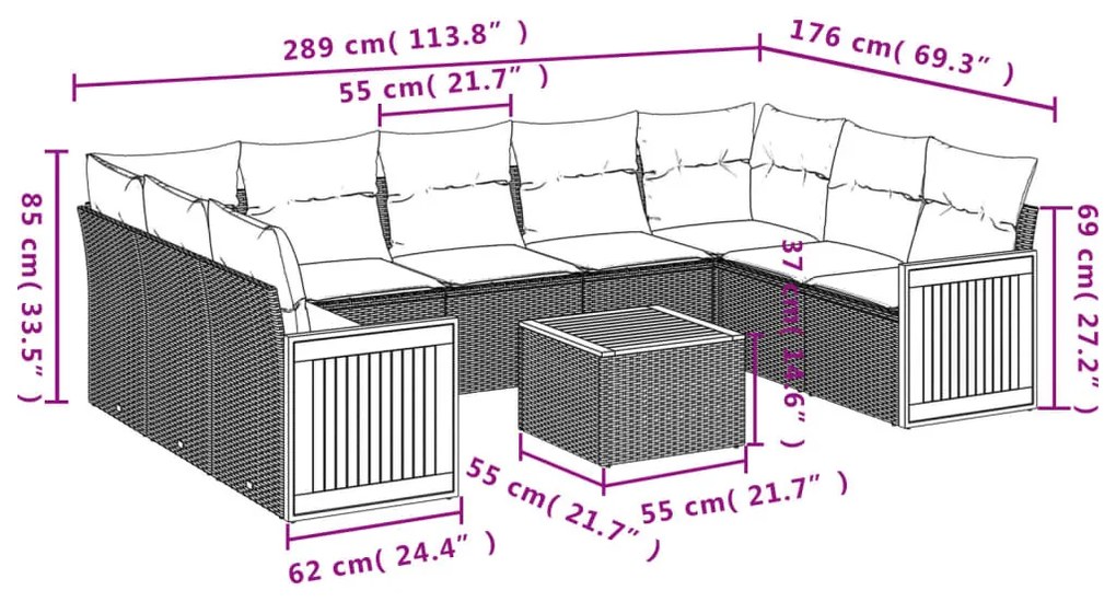 10 részes szürke polyrattan kerti ülőgarnitúra párnákkal