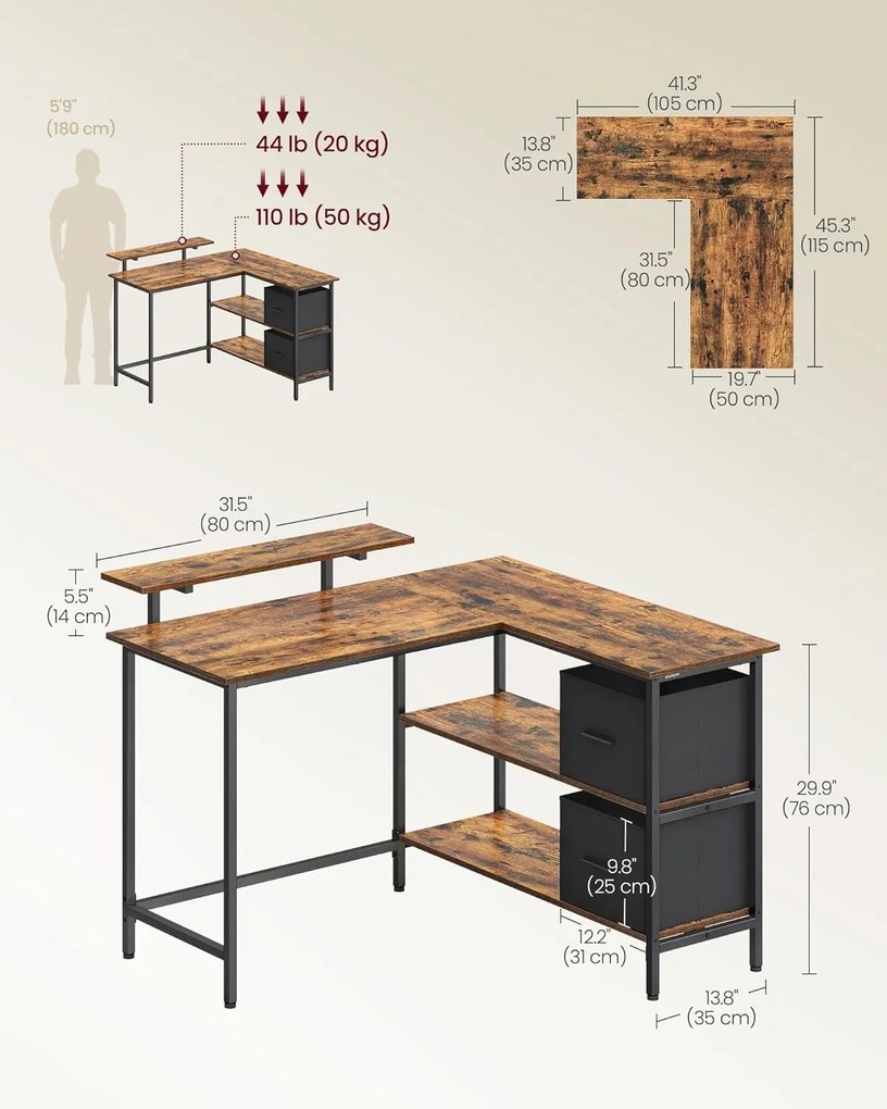 L alakú íróasztal 2 tágas fiókkal, sarokasztal állítható polccal, rusztikus barna