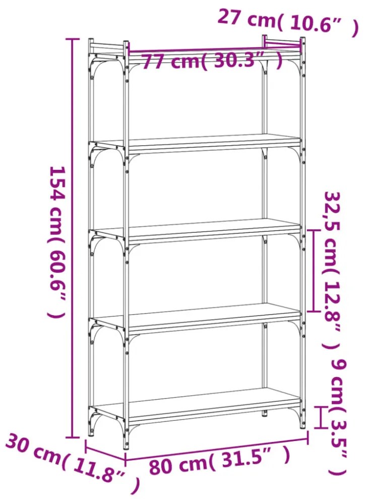5 szintes fekete szerelt fa könyvespolc 80 x 30 x 154 cm