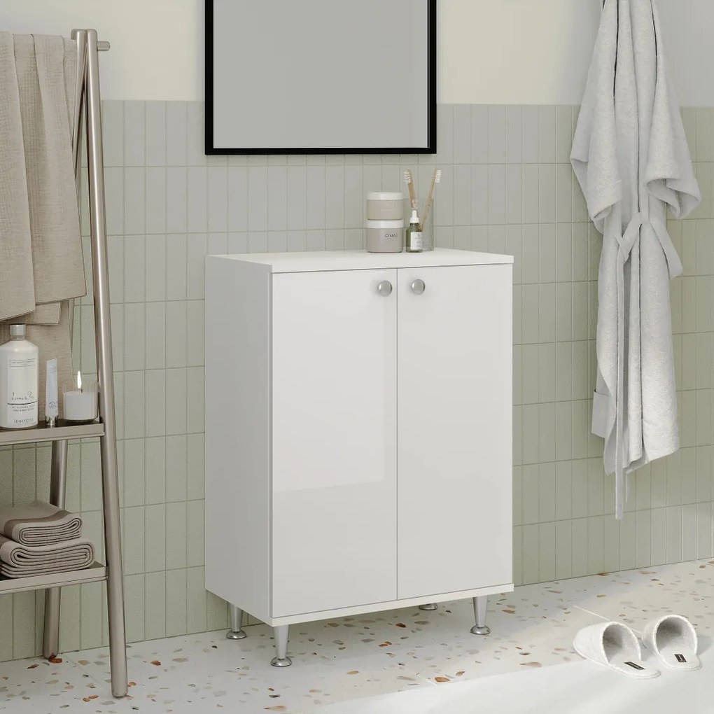 Zaria 2 ajtós fürdőszobai szekrény, Fényes fehér / Fehér, MDF, 60 x 35 x 85 cm