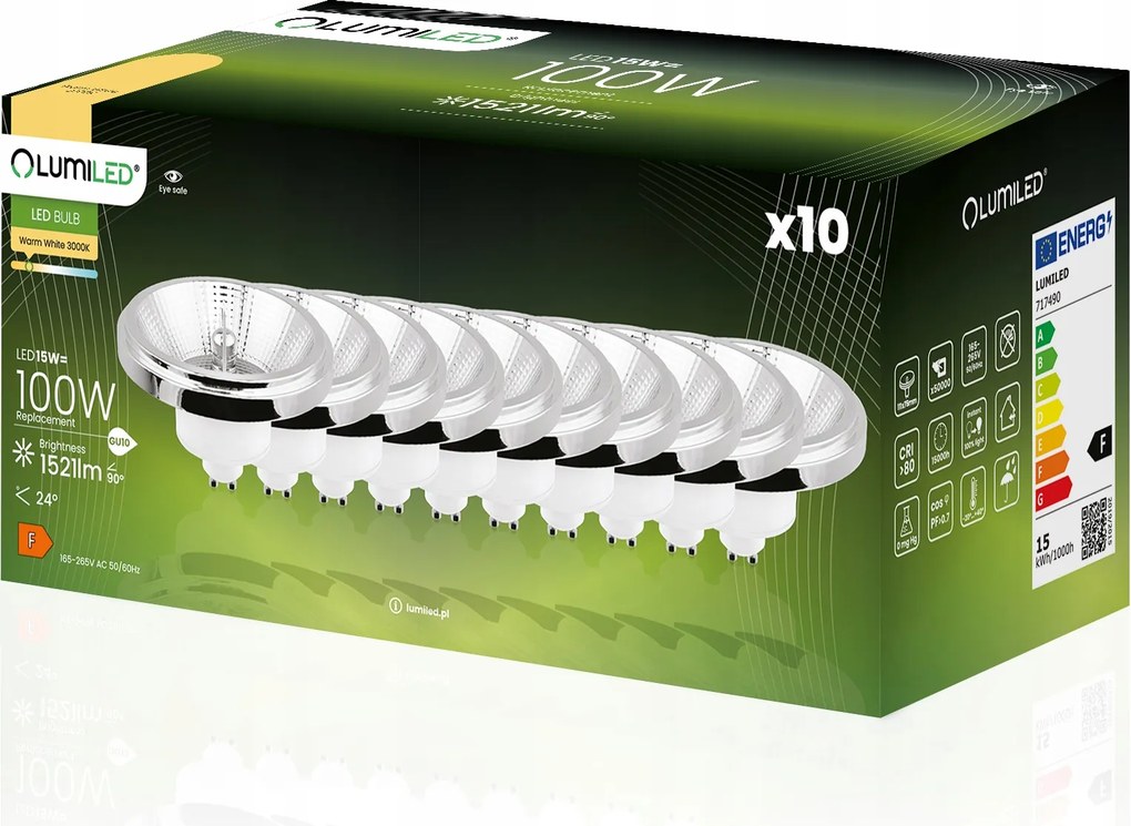 10x Led izzó GU10 AR111 ES111 15W 100W 3000K 24° Ezüst Lumiled