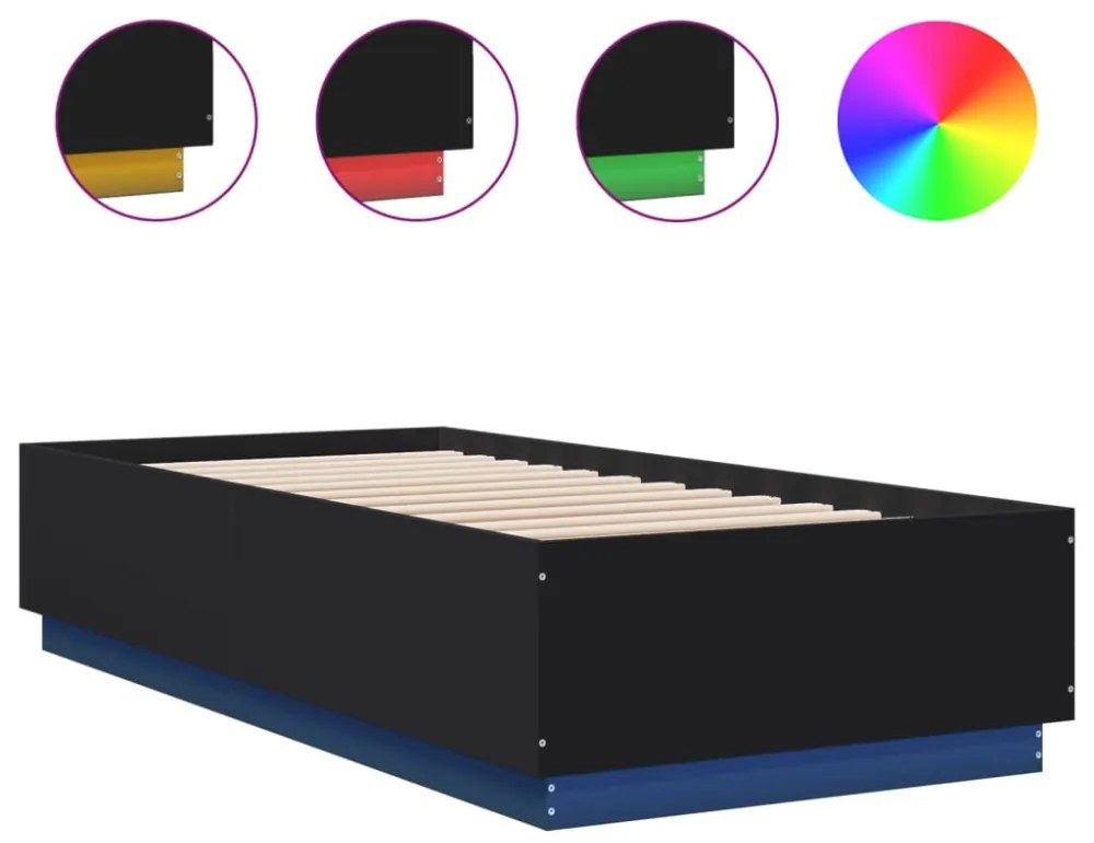 fekete szerelt fa ágykeret LED-világítással 90 x 200 cm
