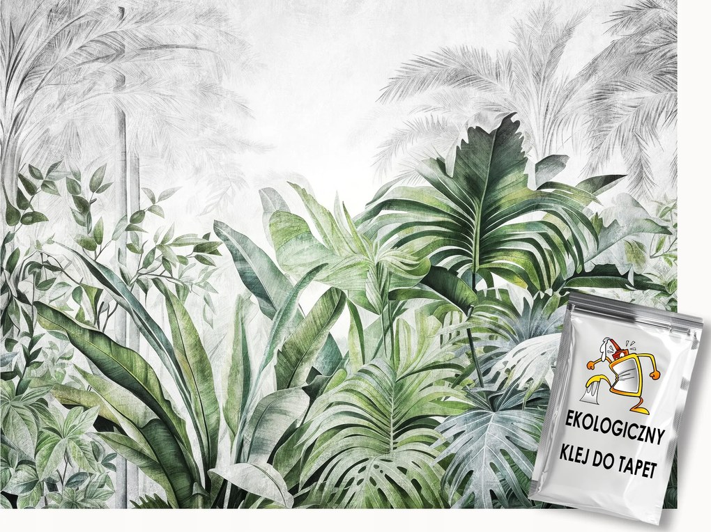 Fotótapéta Flizelina Grafika Szürke Zöld Erdő Dzsungel Levelek 300x210 ragasztó