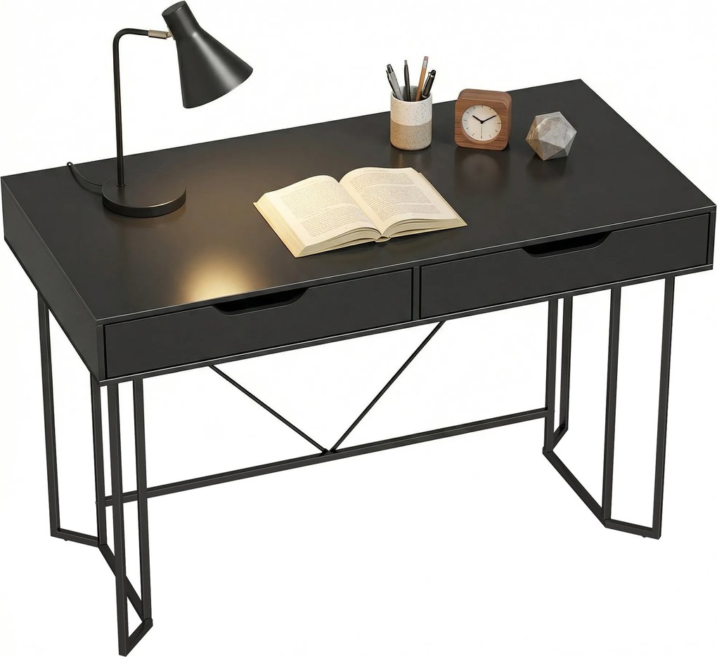 HOMCOM számítógépasztal 2 fiókkal, modern fémváz otthoni irodába — 120 x 60 x 77 cm, fekete | Aosom