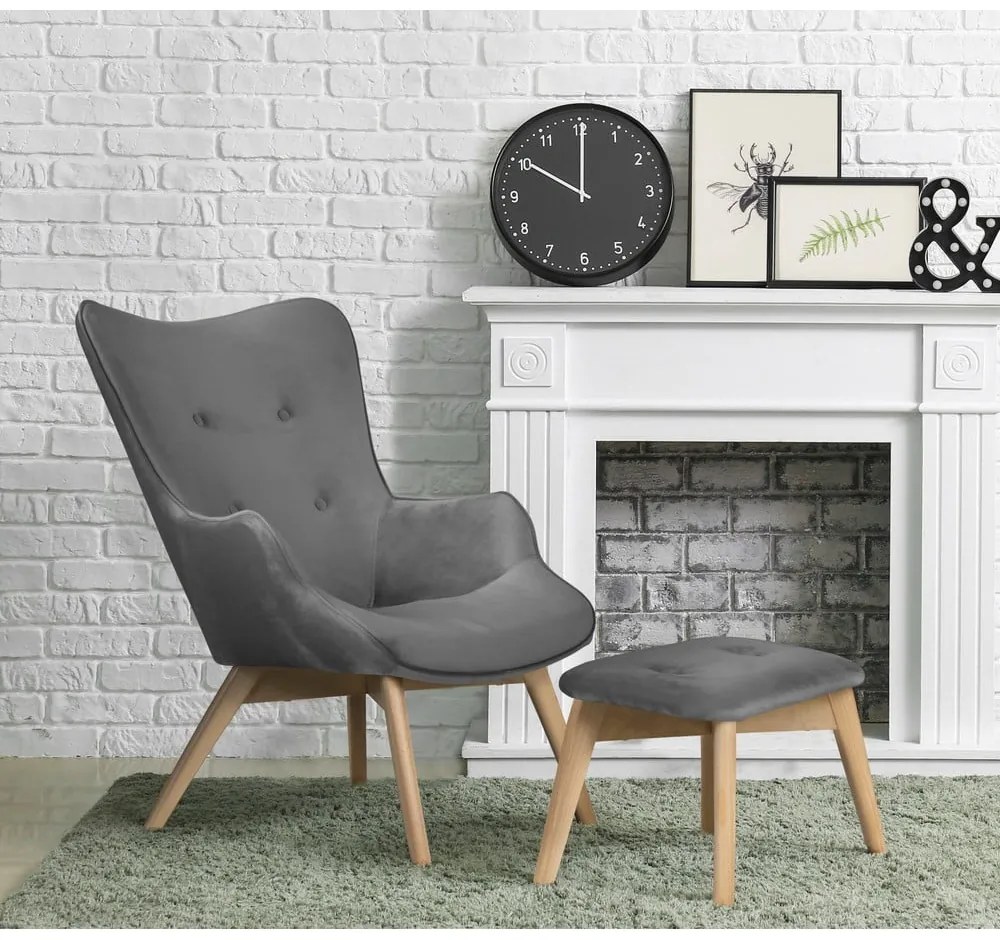 Szürke bársony fotel lábtartóval Niko – Ropez