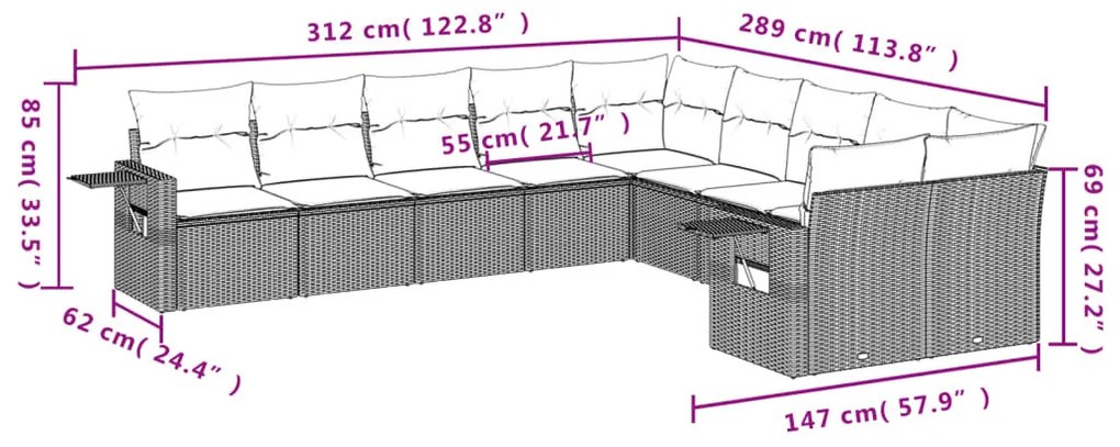 10 részes szürke polyrattan kerti ülőgarnitúra párnákkal