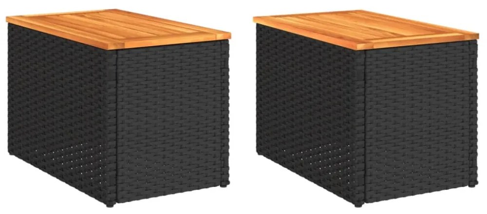 2 db fekete polyrattan és tömör fa kerti kisasztal 55x34x37 cm