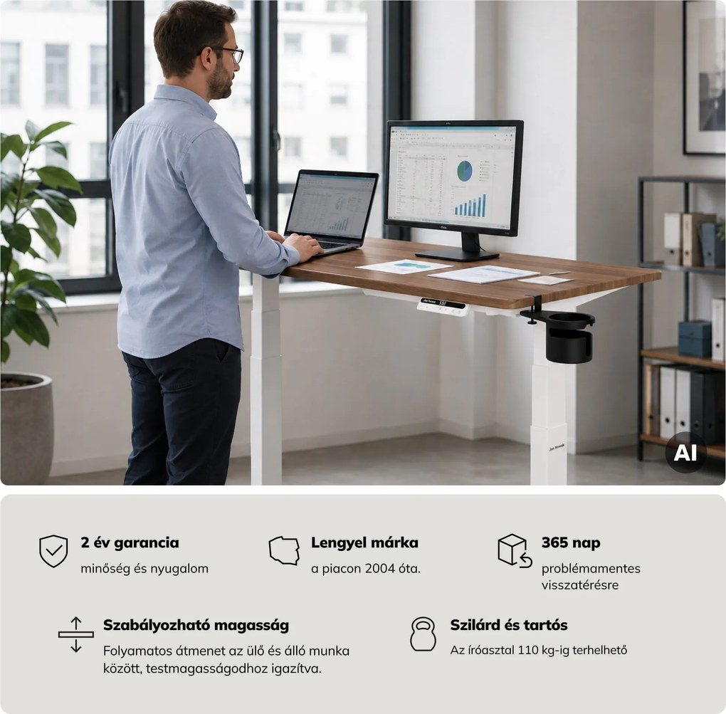 Elektromos, állítható magasságú, ergonomikus, fehér/dió íróasztal,1200x600 mm: ARIA