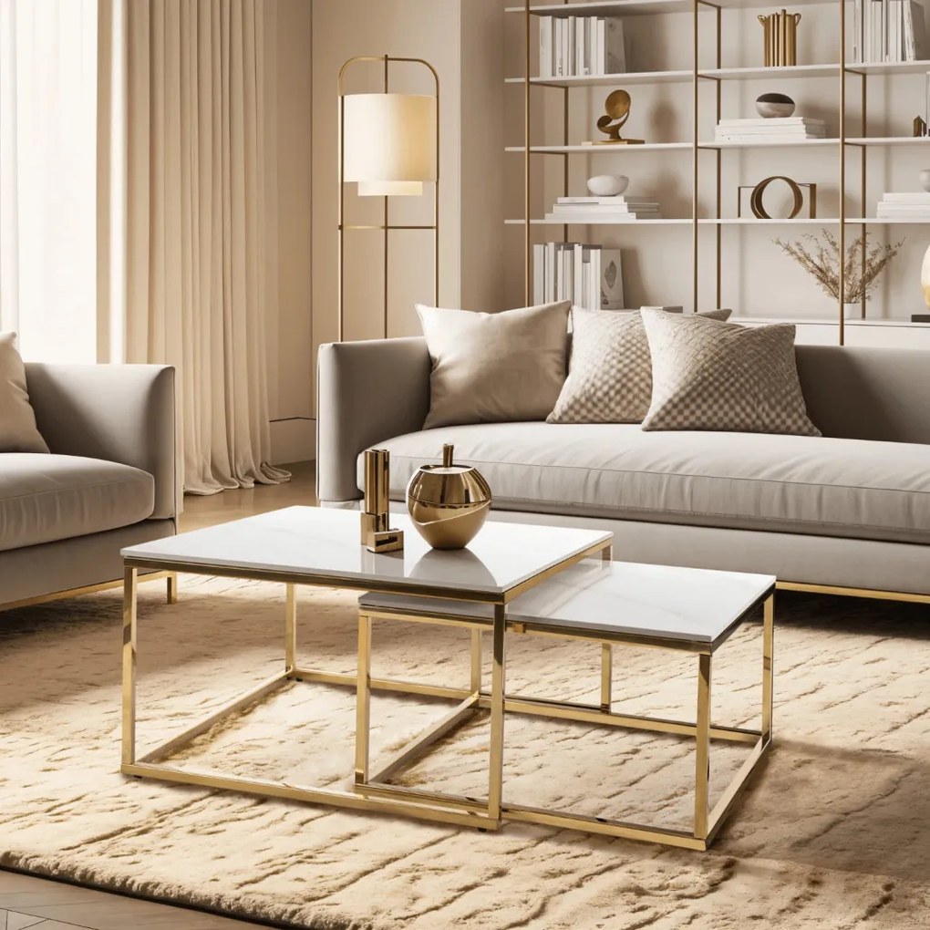 Zestaw Stolików Ceramicznych TENOR Biały márvány/ Złoty