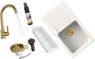 Mosogató Fehér Ada Gránit Egymedencés Mosogató Csaptelep Szifon Arany