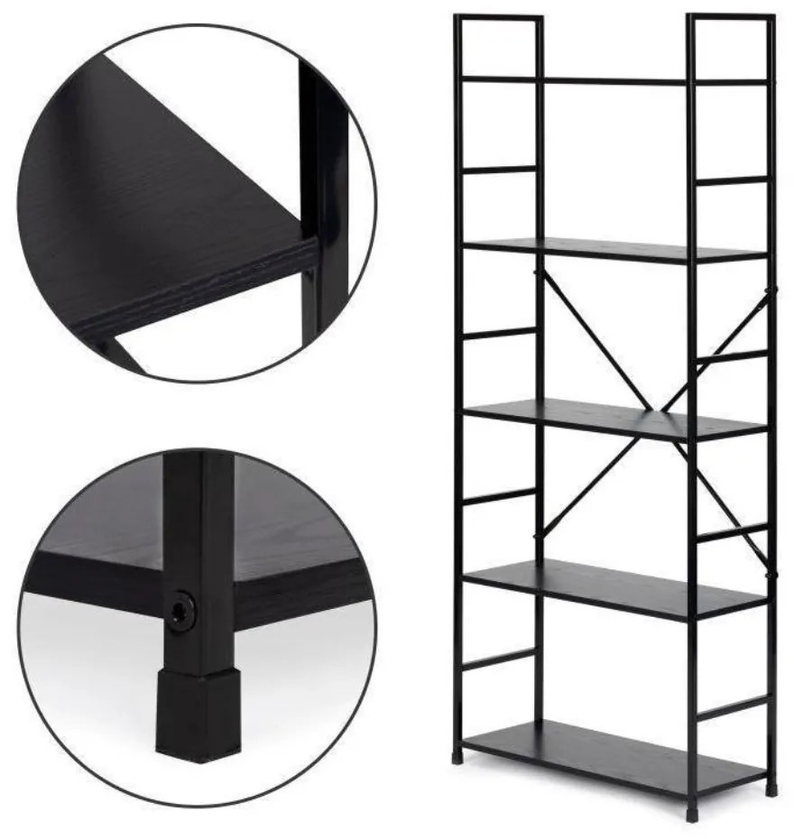Fekete 5 szintes nyitott könyvespolc, tároló állvány fém lábakkal - 59x144cm Intenso