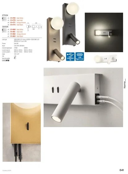 Redo 01-4663 - NORMA LED fali lámpa LED/5W/230V + LED/3W CRI 90 USB fekete