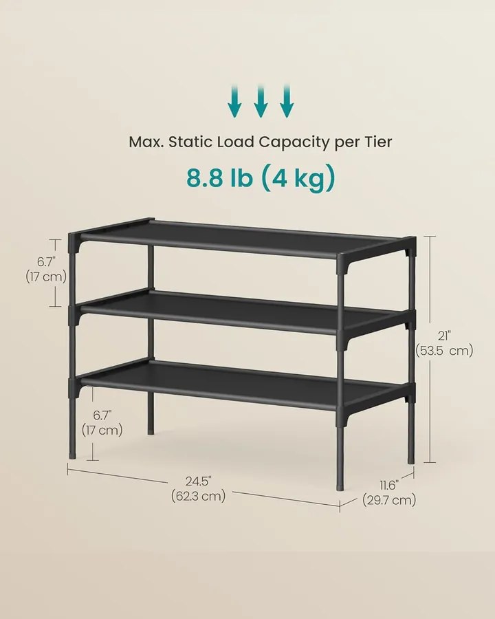 3 szintes cipőtartó állvány 29,7 x 62,3 x 53,5 cm, fekete