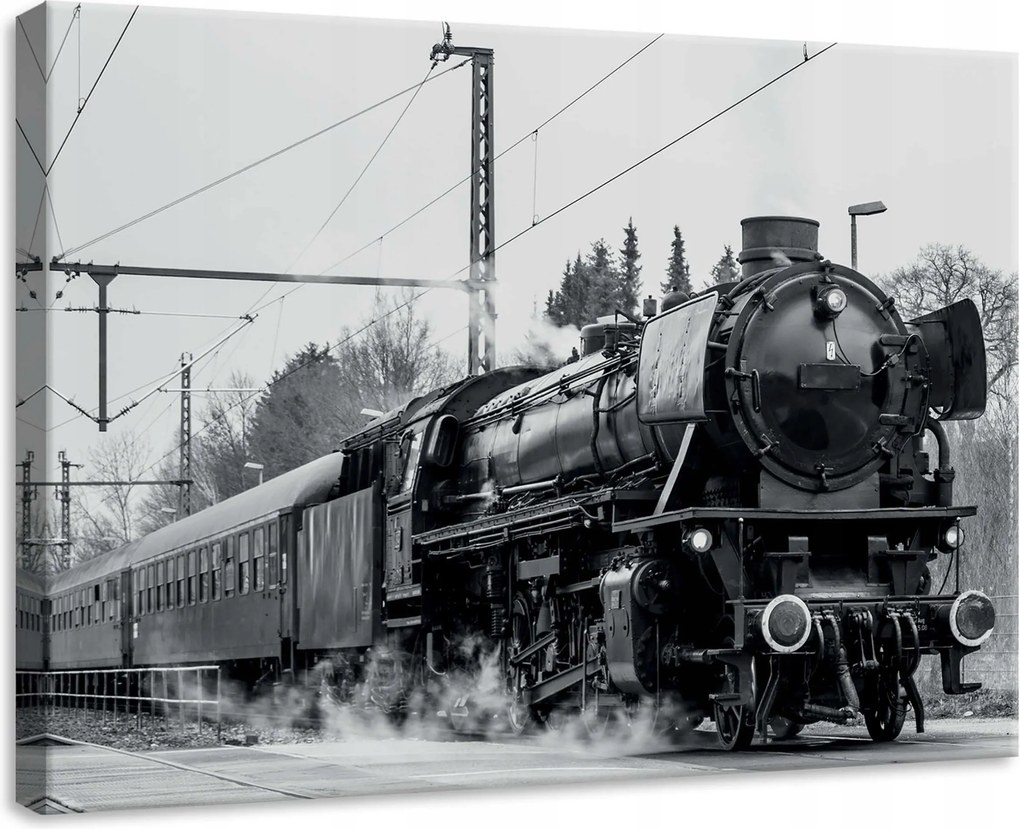 Vászonkép 70x50 Gőzmozdony vasút fekete-fehér retro ipari táj utazás
