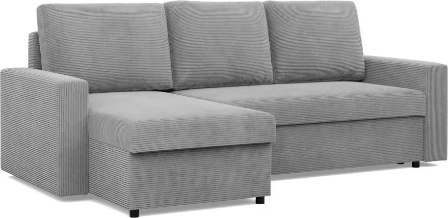 Zeus sarokkanapé, 2 ágyneműtartóval, egyenes kartámasz, kordbársony, univerzális oldal, hab töltet, szürke