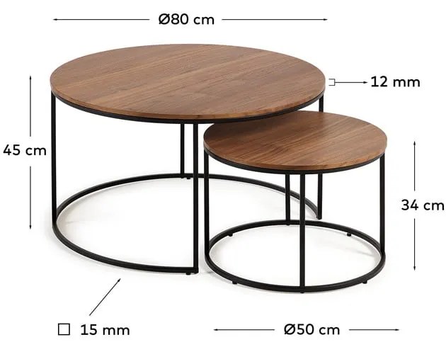 Barna kerek dohányzóasztal szett diófa dekoros asztallappal, 2 db-os ø 80 cm Yona - Kave Home
