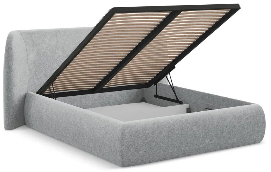 Világosszürke kárpitozott ágyneműtartós franciaágy ágyráccsal 160x200 cm Hauke – Makamii